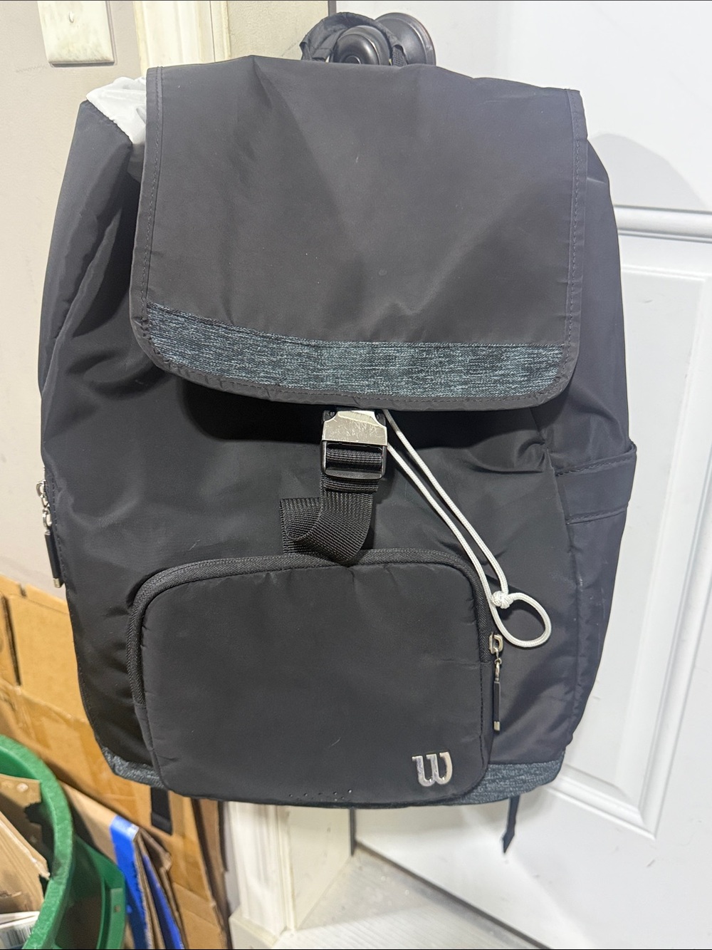 Wilson Black Tennis Backpack with Front Flap and Silver Accent